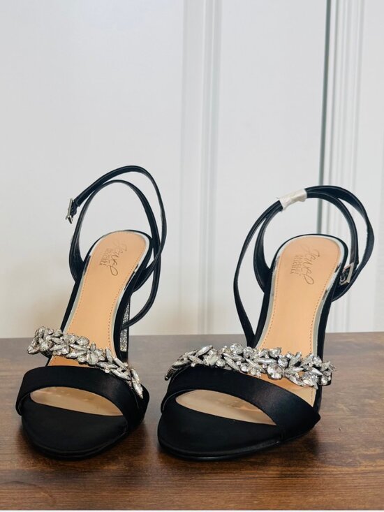Jewel Badgley Mischka Shoes - Jewel Badgley Mischka Merida Black Satin Crystal Heels NIB Size 9
